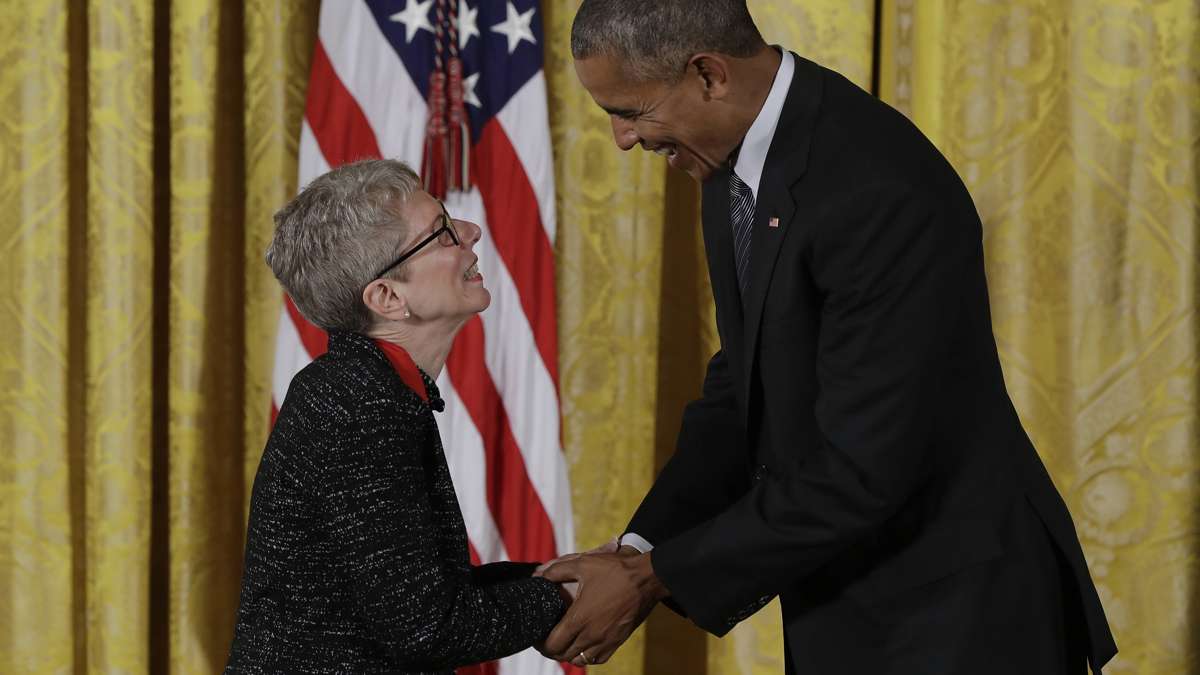 President Barack Obama awards radio host and producer, Terry Gross, the 2015 National Humanities Medal during a ceremony in the East Room of the White House, Thursday, Sept. 22, 2016, in Washington. (AP Photo/Carolyn Kaster)