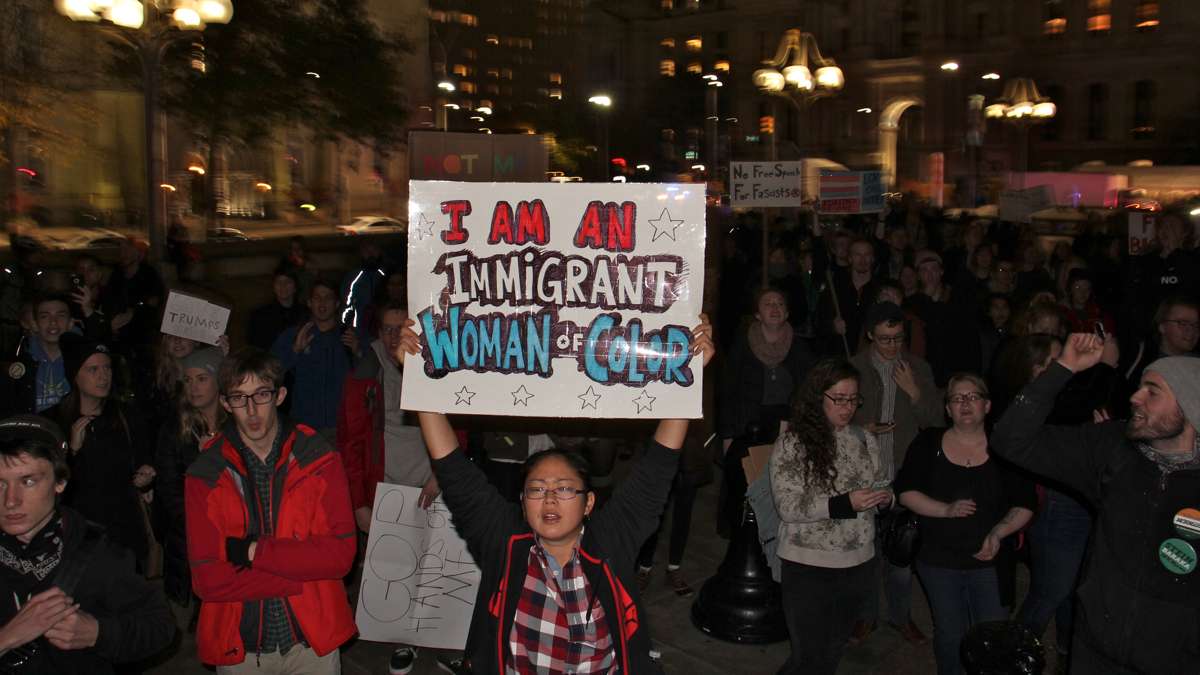 Protesters dismayed by the election of Donald Trump gather at Thomas Paine Plaza on November 10, 2016. (Emma Lee/WHYY)