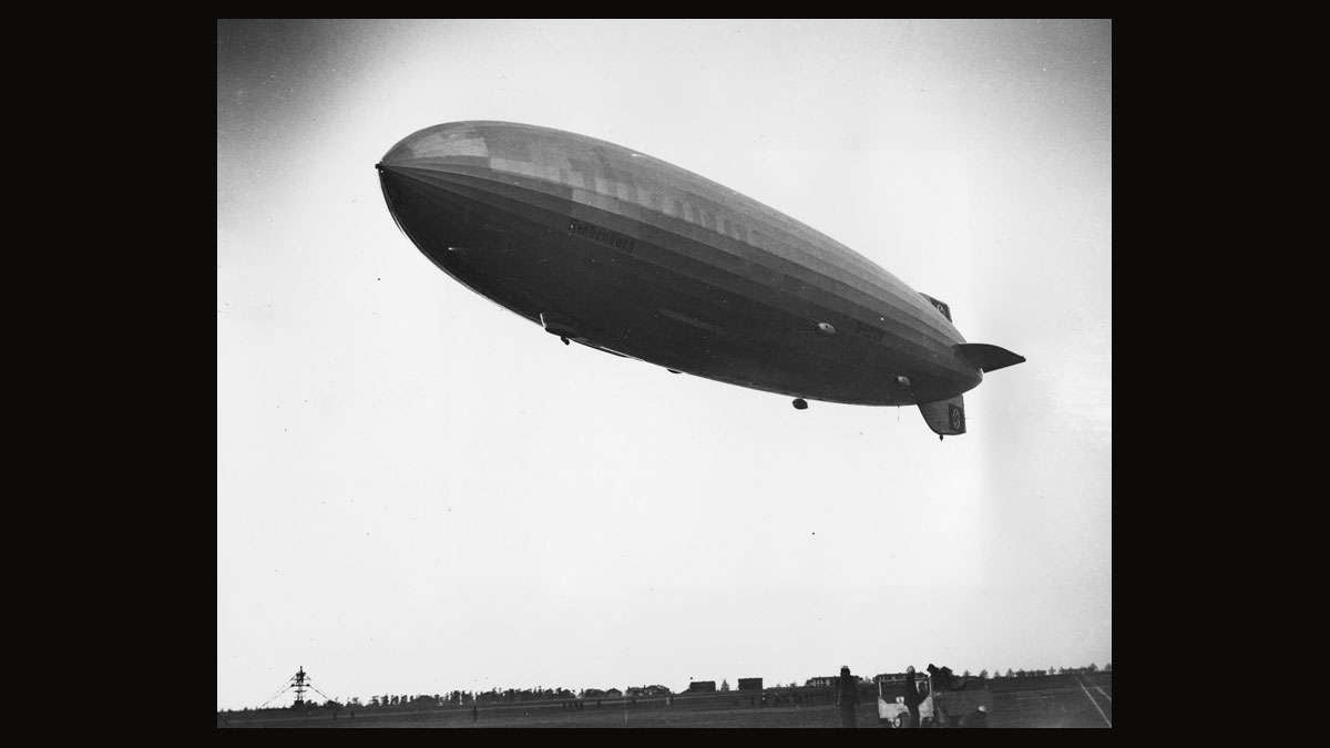 The Hindenburg is shown just before it burst into flames in Lakehurst, N.J., on May 6, 1937.