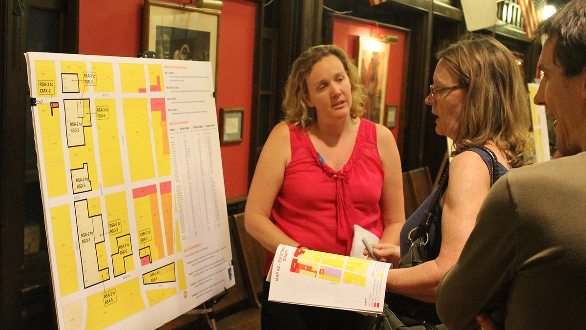  Paula Brumbelow speaks to residents about proposed zoning adjustments in Roxborough. (Matthew Grady/for NewsWorks) 