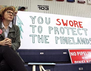 Protesters armed with signs fill the bleachers at Pine Belt Arena in Toms River, where the New Jersey Pinelands Commission held a public hearing on the Southern Reliability pipeline through Burlington and Ocean counties. (Emma Lee/WHYY, file) 