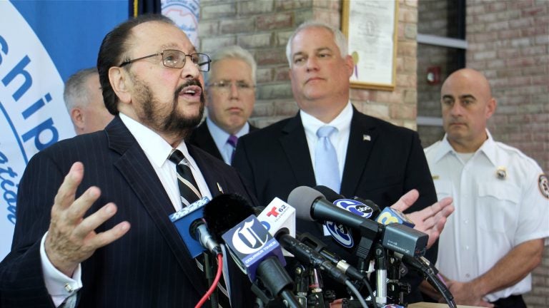  Bensalem Mayor Joe DiGirolamo (left)announces that the township will sue pharmaceutical companies for their role in the opioid epidemic. (Emma Lee/WHYY) 