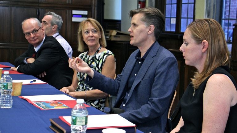  A panel of professors at the University of Pennsylvania discuss the opioid addiction epidemic. They are (from left) dental surgeon Elliot Hersh, psychiatrist Kyle Kampman, registered nurse Peggy Compton, chemist Jeffrey Saven and veterinarian Mary Robinson. (Emma Lee/WHYY) 