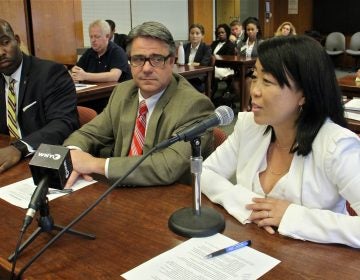 Philadelphia City Council members (from right) Helen Gym, Bobby Henon and Derek Green appear before the city Board of Ethics to describe a campaign-finance proposal. (Emma Lee/WHYY)