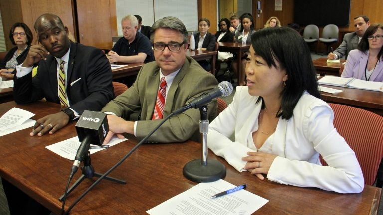 Philadelphia City Council members (from right) Helen Gym, Bobby Henon and Derek Green appear before the city Board of Ethics to describe a campaign-finance proposal. (Emma Lee/WHYY)