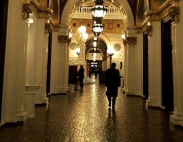 A man walks down a hall toward the light of the Capitol rotunda