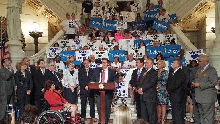  Erie public school advocates rally in the state capitol in 2016 when Jay Badams (center) was superintendent. (Kevin McCorry/WHYY) 