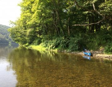 The Delaware River flows along the Pennsylvania side at the Delaware Water Gap.