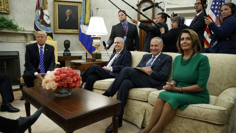  President Donald Trump meets with, from left, Senate Majority Leader Mitch McConnell, R-Ky., Senate Minority Leader Chuck Schumer, D-N.Y., and House Minority Leader Nancy Pelosi, D-Calif., and other Congressional leaders in the Oval Office of the White House, Wednesday, Sept. 6, 2017, in Washington. (AP Photo/Evan Vucci) 