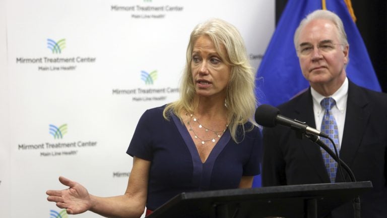  Counselor to the President Kellyanne Conway speaks as Health and Human Services Secretary Tom Price looks on, at the Mirmont Treatment Center Friday Sept.15, 2017, in Media, Pa. Conway and Price toured the center for drug and alcohol addiction recovery and discussed the opiod crisis. (Jacqueline Larma/AP Photo) 