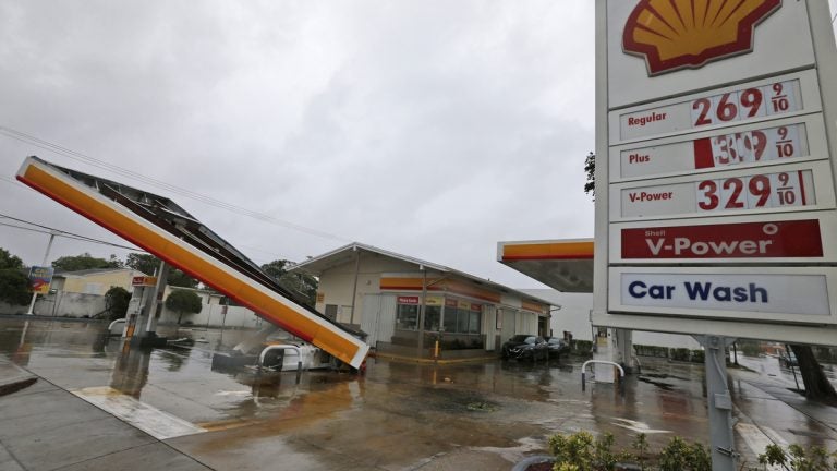 The metal canopy at a gasoline station is shown after it was overturned by high winds brought on by Hurricane Irma, Sunday, Sept. 10, 2017, in North Miami, Fla. (Wilfredo Lee/AP Photo)