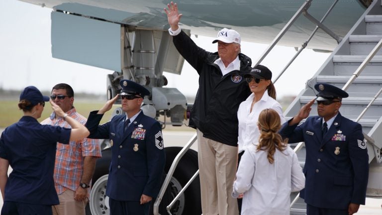  President Donald Trump and first lady Melania Trump arrive on Air Force One at Corpus Christi International Airport in Corpus Christi, Texas, Tuesday, Aug. 29, 2017, for briefings on Hurricane Harvey relief efforts. (Evan Vucci/AP Photo) 