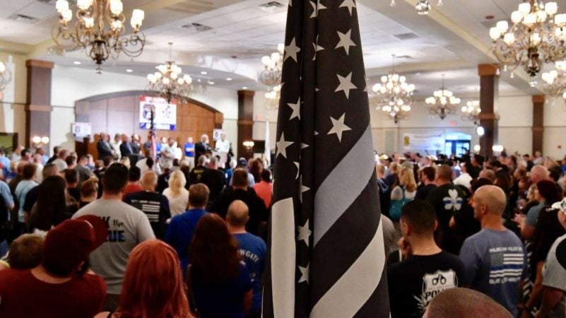 Hundreds from the local police community came to show support at a rally at the FOP lodge in Northeast Philadelphia on Thursday. (Bastiaan Slabbers for NewsWorks)
