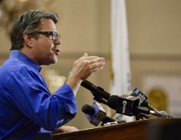 Philadelphia Councilman Bobby Henon speaking at a Back the Blue rally at the FOP lodge in Northeast Philadelphia. (Bastiaan Slabbers for WHYY)