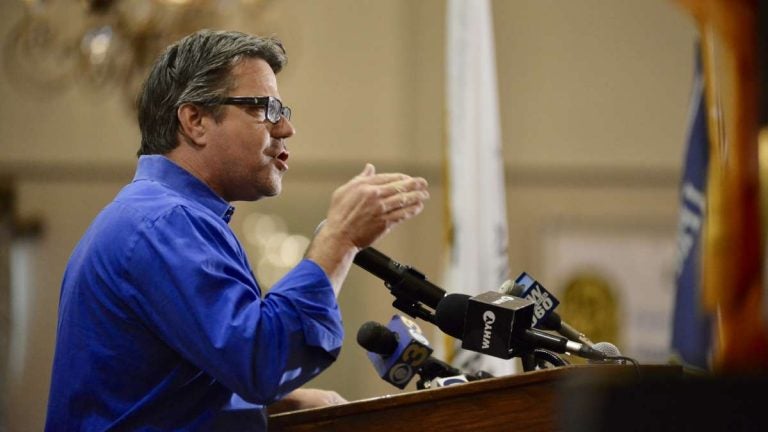 Philadelphia Councilman Bobby Henon speaking at a Back the Blue rally at the FOP lodge in Northeast Philadelphia. (Bastiaan Slabbers for WHYY)