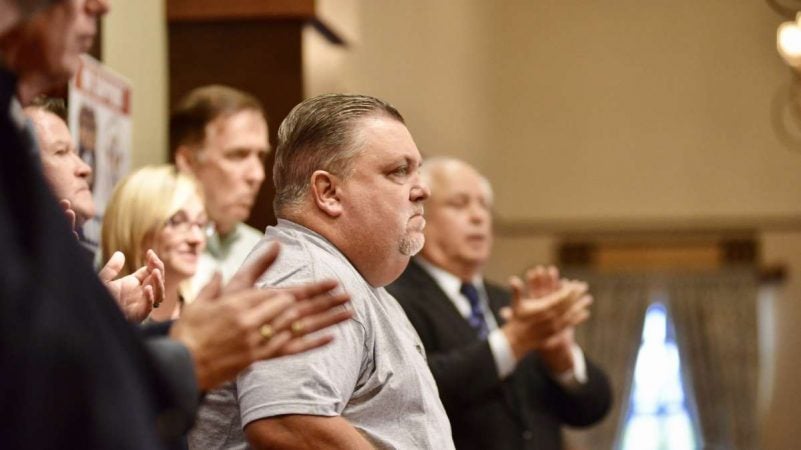 Hundreds from the local police community came to show support at a rally at the FOP lodge in Northeast Philadelphia on Thursday. (Bastiaan Slabbers for NewsWorks)