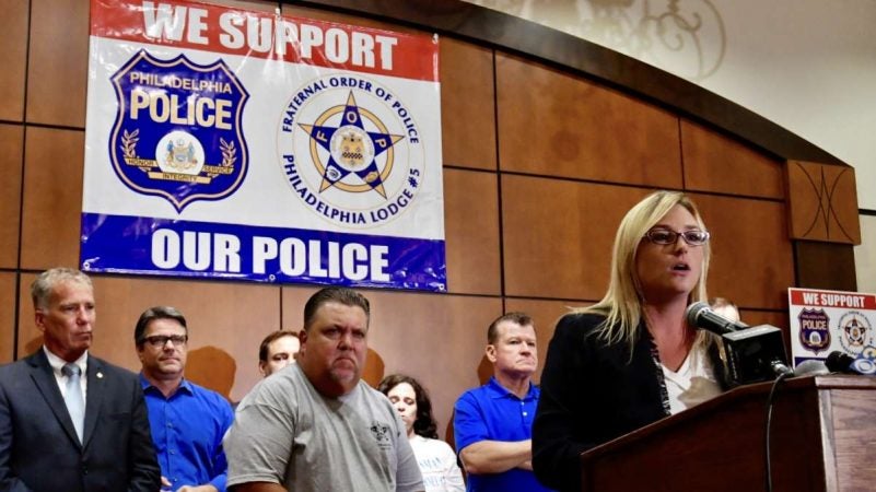 Pennsylvania State Rep. Martina White, R-Phila, speaks at a Back the Blue rally at the FOP lodge in Northeast Philadelphia on Thursday. (Bastiaan Slabbers for NewsWorks)