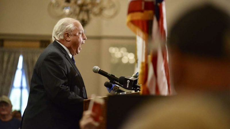 Philadelphia Councilman Al Tautenberger is one of the speakers at a Back the Blue rally at the FOP lodge in Northeast Philadelphia on Thursday. (Bastiaan Slabbers for NewsWorks)