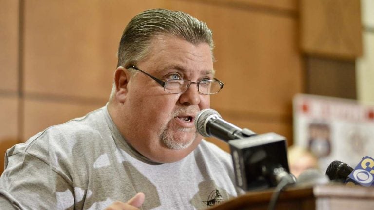  Fraternal Order of Police Lodge 5 President John McNesby is sh9own speaking at a Back the Blue rally at the FOP lodge in Northeast Philadelphia on Aug. 31. (Bastiaan Slabbers for NewsWorks) 