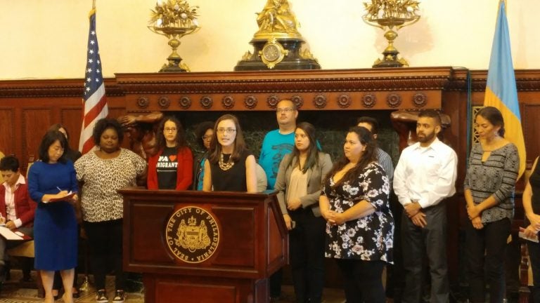  Dreamers join with Philadelphia and federal officials at announcement of DACA dreamer fund. (Tom MacDonald/WHYY) 