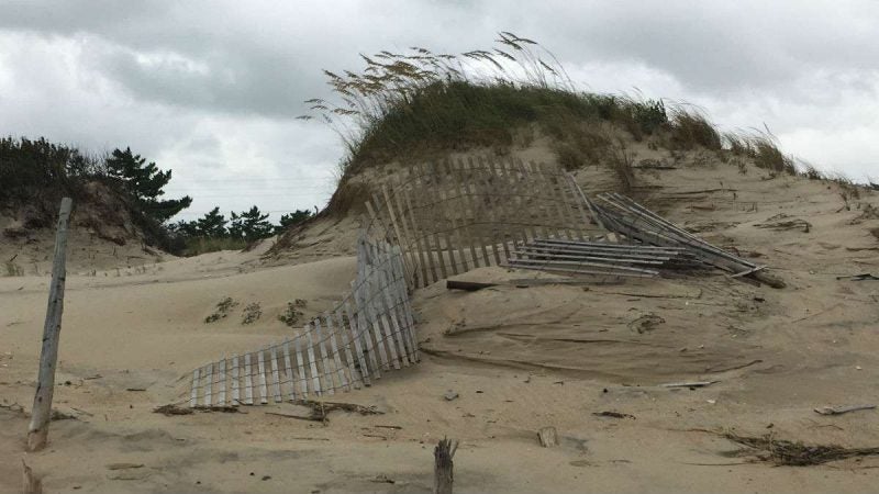 Dune fences damaged by high water forced on shore by Hurricane Jose.