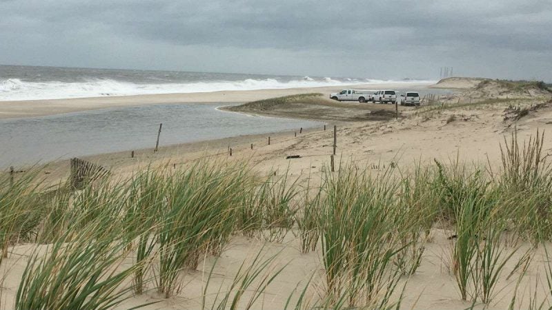 DNREC and DelDOT workers examine the progress of repairs on a breached dune south of Dewey Beach.