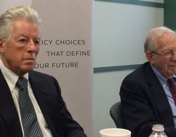  Former Governor Jim Florio and Martin Robins, director emeritus of Voorhees Transportation Center at Rutgers, say transportation improvements should be a priority for New Jersey’s next governor. (Phil Gregory/WHYY) 