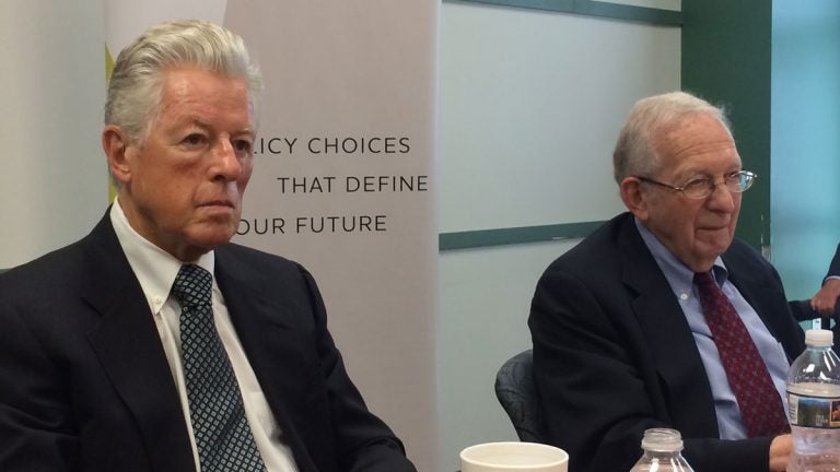  Former Governor Jim Florio and Martin Robins, director emeritus of Voorhees Transportation Center at Rutgers, say transportation improvements should be a priority for New Jersey’s next governor. (Phil Gregory/WHYY) 