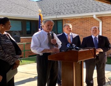 U.S. Sens. Chris Coons and Tom Carper spoke out against the latest GOP health care bill at a press conference outside the VA Medical Center in Wilmington. (Zoë Read/WHYY)