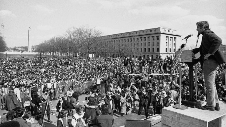 In this Saturday, April 1, 1972, file photo, Daniel Ellsberg, chief defendant in the Pentagon Papers case, addresses a crowd at the State Capitol in Harrisburg, Pa. following an anti-war parade that ended at the Capitol. (AP Photo/Rusty Kennedy) 