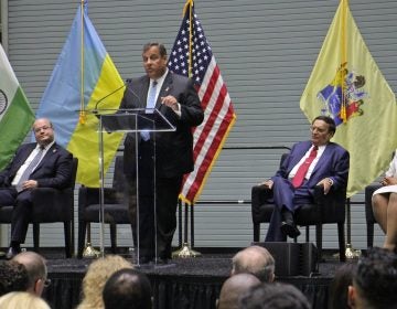 New Jersey Gov. Chris Christie speaks at the ribbon-cutting ceremony for Holtec International in Camden. The plant for manufacturing nuclear waste storage containers and small nuclear reactors was lured to the Camden waterfront by $260 million in tax breaks. (Emma Lee/WHYY) 