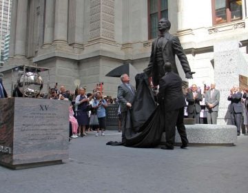 Philadelphia Mayor Jim Kenney and sculptor Branly Cadet