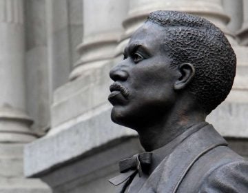 Close up of the sculpture; the face of Octavius Catto seen from the side, looking left