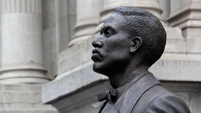 Close up of the sculpture; the face of Octavius Catto seen from the side, looking left