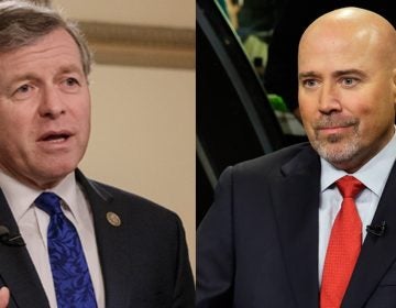 Split screen of Republicans U.S. Reps. Charlie Dent of Pennsylvania (left) and Tom MacArthur; dent in blue tie, MacArthur in red