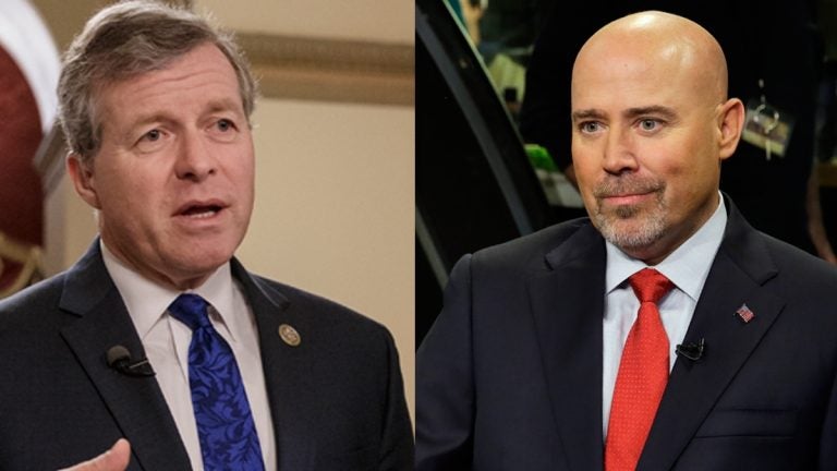 Split screen of Republicans U.S. Reps. Charlie Dent of Pennsylvania (left) and Tom MacArthur; dent in blue tie, MacArthur in red
