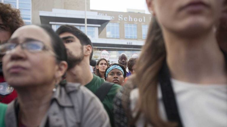 Philadelphia educators, parents, students, and community and labor groups participate in a rally to support teacher contracts outside of the School District Headquarters. (Photograph by Jessica Kourkounis)