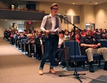 Students testify in support of the Boyertown Area School District's policy of allowing transgender students to use locker rooms and restrooms that correspond to their gender identity. Four students sued the district, saying their privacy was violated when a transgender boy was allowed to use the same locker room. (Emma Lee/WHYY) 