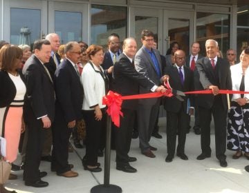  Current and former city, county and state leaders joined in a ribbon cutting ceremony for the Route 9 Library and Innovation Center (Zoë Read/WHYY) 