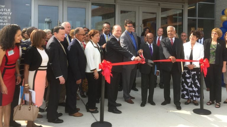  Current and former city, county and state leaders joined in a ribbon cutting ceremony for the Route 9 Library and Innovation Center (Zoë Read/WHYY) 