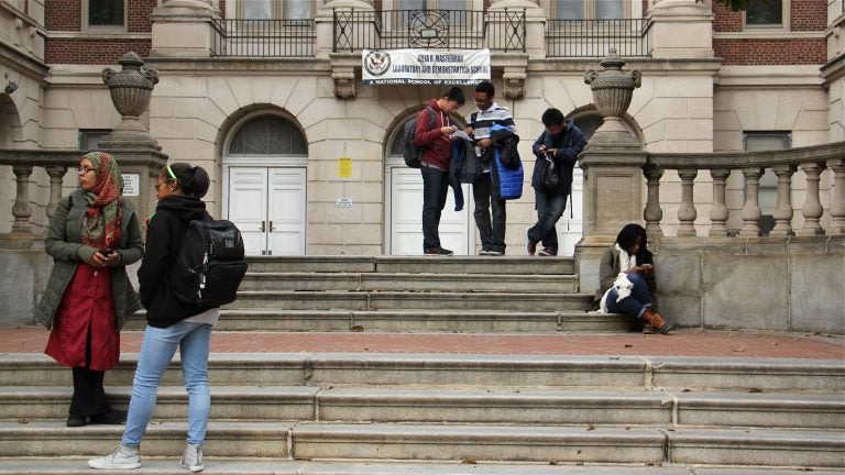 Students gather outside Masterman high school in Philadelphia.