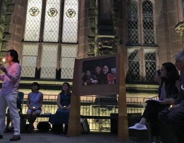  Zhan Zhang, a friend of Xiyue Wang, speaks during a vigil calling for his release (Jeanette Beebe for WHYY) 