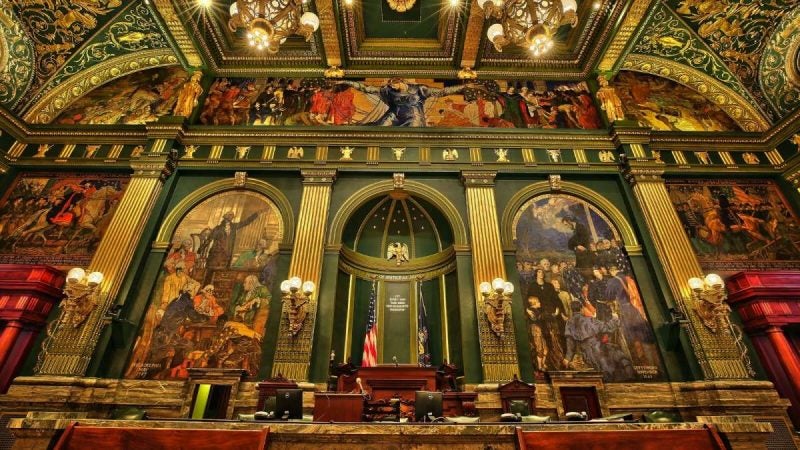 Although they're a hundred miles away, the murals in the Senate Chamber of the Pennsylvania Capitol in Harrisburg are a significant part of the new Violet Oakley exhibit at the Woodmere Art Museum. (Woodmere Art Museum)