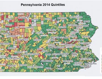  The Pennsylvania Economy League ranked municipalities according to their tax base (high is good) and tax burden (low is good), then combined scores and used the resulting list to divide them into quintiles. Quintile 1 indicates a larger tax base and lower tax burden per household; 5 indicates the least tax base and most tax burden per household. (Source: Pennsylvania Economy League) 