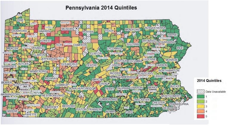  The Pennsylvania Economy League ranked municipalities according to their tax base (high is good) and tax burden (low is good), then combined scores and used the resulting list to divide them into quintiles. Quintile 1 indicates a larger tax base and lower tax burden per household; 5 indicates the least tax base and most tax burden per household. (Source: Pennsylvania Economy League) 