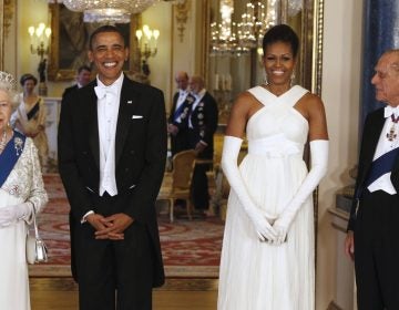 Former President Barack Obama, former first lady Michelle Obama, Queen Elizabeth II, and Prince Philip pose for photographs prior to a May 24, 2011, dinner hosted at Buckingham Palace in London. (Larry Downing/Pool photo via AP, file)