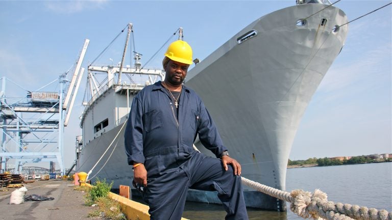  Rodney Roberson will travel to St. Thomas aboard the S.S. Wright, shown here at Tioga Marine Terminal in Philadelphia after it was loaded with disaster relief supplies for the hurricane stricken island.  (Emma Lee/WHYY) 