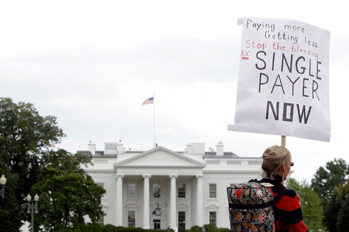 Mary Jo Groves, a medical doctor from Springfield, Ohio, attends a rally hosted by The Mad As Hell Doctors tour to raise support for health care reform and a single payer system, Wednesday, Sept. 30, 2009 at Lafayette Park in Washington. (AP Photo/Haraz N. Ghanbari)