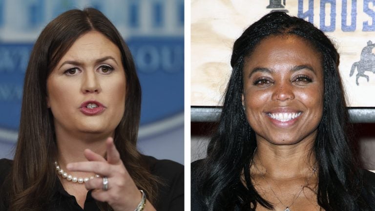  Left; White House press secretary Sarah Huckabee Sanders speaks during a news briefing at the White House, in Washington, Wednesday, Sept. 13, 2017. (AP Photo/Carolyn Kaster, file) Right: Jemele Hill attends ESPN: The Party 2017 held on Friday, Feb. 3, 2017, in Houston, Texas. (Photo by John Salangsang/Invision/AP, file) 