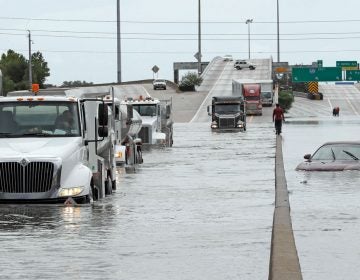  A man walks down the median as trucks navigate floodwaters from Tropical Storm Harvey along Interstate 610 Sunday, Aug. 27, 2017, in Houston, Texas. (AP Photo/David J. Phillip) 